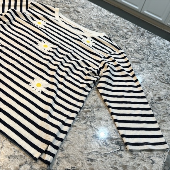 Talbots | Daisy Stripe Drop Shoulder Crewneck Tee in White Blue Size L Large - Picture 7 of 10